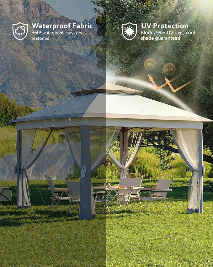 Garveelife 11x11 Pop Up Gazebo Tent with Mosquito Netting, Outdoor Canopy Shelter Easy Setup, Water & UV Resistant - Grey