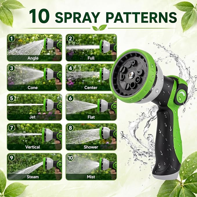 Garden Hose 25 FT, Non-Expanding Water Hose with 10 Pattern Spray Nozzle, Lightweight Flexible Kink-Resistant Garden Hose, Durable Outdoor Hose for Yard, Lawn, Patio, Garden, Car Washing, Black Green