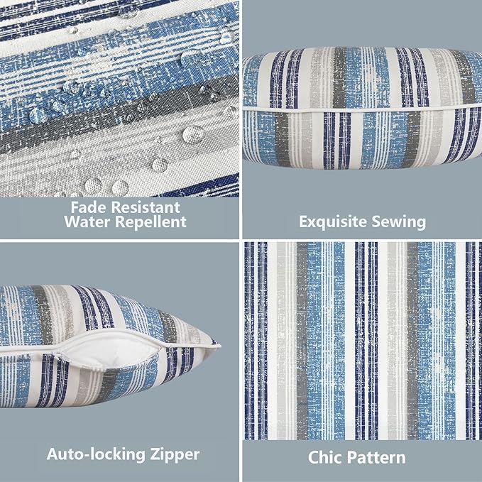 LVTXIII 2 Pack Outdoor Lumbar Pillow Covers 12x20 Inch with Piping, Water-Repellent Back Cushion Covers ONLY for Patio Furniture, Sofa, Garden Bench, Stripe Layered Blue