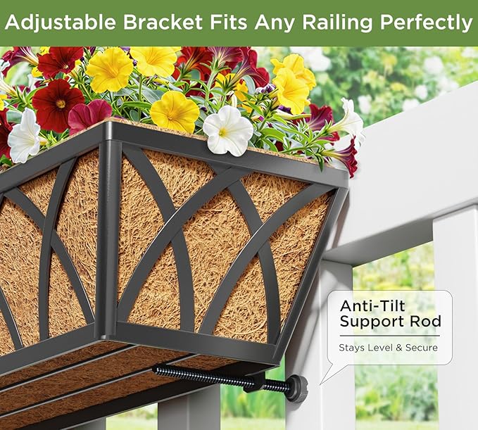 Y&M 6Pcs 30 Inch Deck Railing Planters Outdoor Balcony, Large Metal Window Box Deck Railing Planter with Coco Liner for Outdoor Balcony Porch Fence Patio Rail