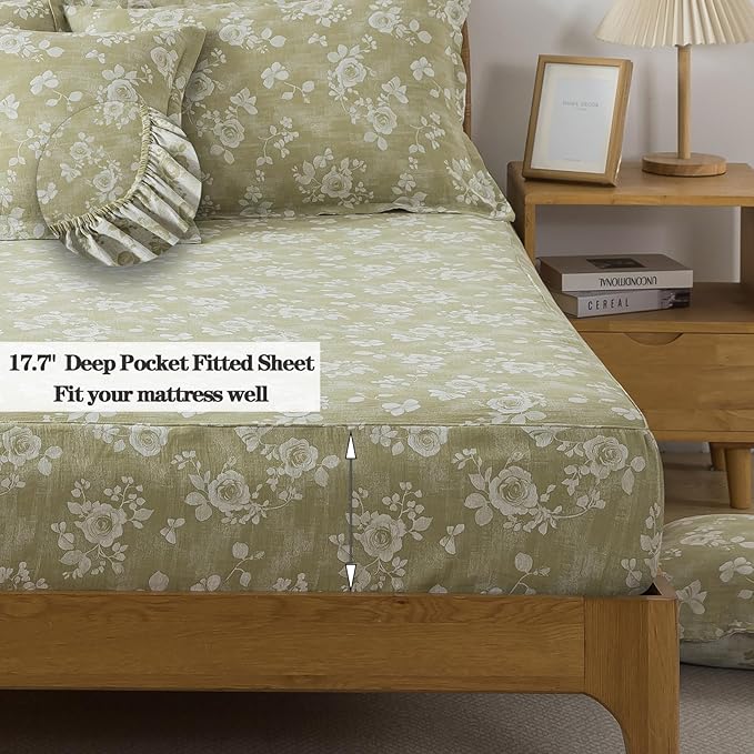 FADFAY Sage Green Sheets Set King 100% Cotton Washed Double Gauze Muslin Bedding 4Pcs Vintage Rose Floral Sheets Shabby Cottagecore Bedding Super Soft & Breathable Deep Pocket Fitted Sheet, King Size