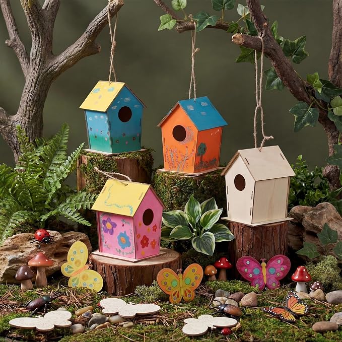 DoubleFill 96 Pack Wooden Bird Houses Bulk Butterfly Wood Chips for DIY Unfinished Hanging Birdhouse Kits Wooden Craft Houses to Paint Summer Bulk Craft Family Crafts Party Favor