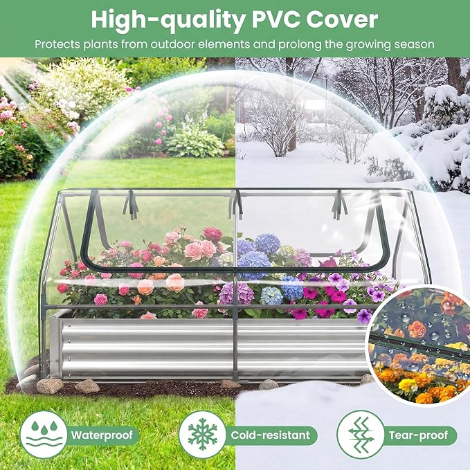 HAPPYGRILL Raised Garden Bed with Cover, Galvanized Metal Planter Box Kit w/2 Large Zipper Mesh Screen Windows, Outdoor Raised Beds for Gardening, Flowers, Vegetables (Silver)