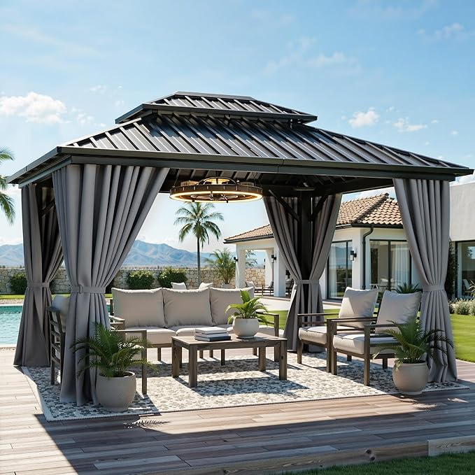 YITAHOME 10X12FT Hard Top Gazebo Aluminum Frame Patios Double Roof Canopy Garden Metal Gazebo Tent Curtains Netting for Patios Backyards Decks Lawns, Gray