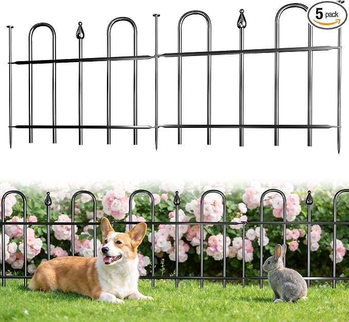 7ft(L) x 12.8in(H) 5 Panels Metal Decorative Garden Fence, No Dig Animal Barrier Fence, Garden Border Fence Panels with Ground Stake, for Pets, Flower Bed, Yard, Patio