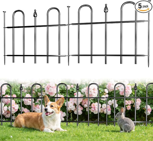 7ft(L) x 12.8in(H) 5 Panels Metal Decorative Garden Fence, No Dig Animal Barrier Fence, Garden Border Fence Panels with Ground Stake, for Pets, Flower Bed, Yard, Patio
