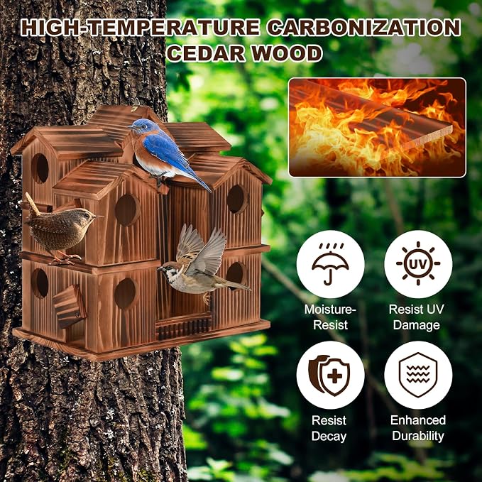 Wooden Bird Houses for Outside, 10 Rooms Bird House with 1.57" Entrance Holes Large Bird Nesting Box for Bluebird Wren Chickadee Cardinals, Hanging Birdhouse for Outdoors with Individual Cleaning Door