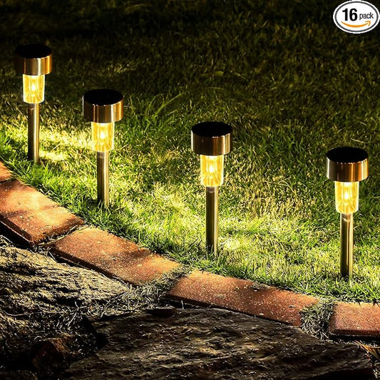 GIGALUMI 16 Pack Solar Lights Outdoor Waterproof,Stainless Steel LED Solar Garden Lights, Solar Pathway Lights Outdoor, Outdoor Solar Lights for Yard, Patio, Lawn and Landscape(Warm White)