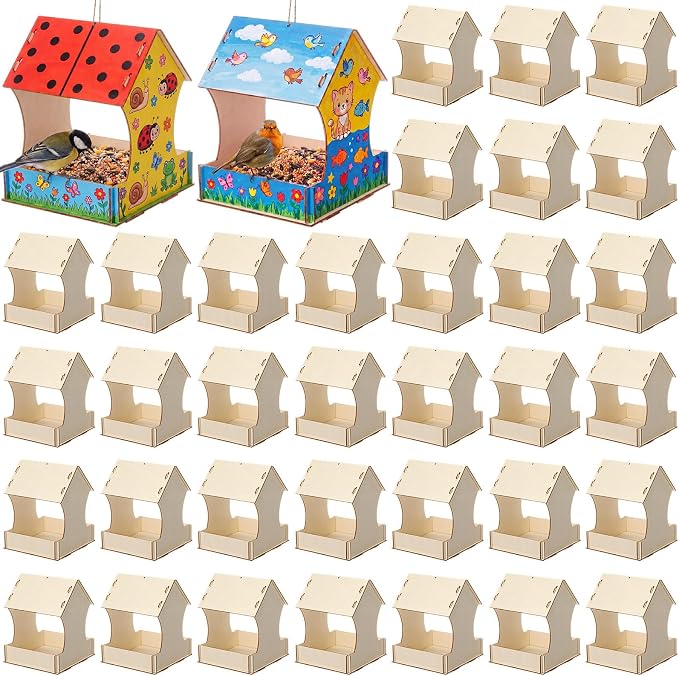 DoubleFill 36 Pack Wooden Bird Feeder Kits, DIY Bird House Kits, Build and Paint Craft for Adults, Unfinished Birdhouse Wood Craft for Educational Fun Art Outdoor Activities Gift
