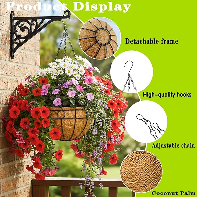 4 Pack 14" Round Metal Hanging Basket for Outdoor Plants Durable Large Hanging Planter with Coco Coir Round Plant Holders Planter for Outside Garden Decoration (Circular)