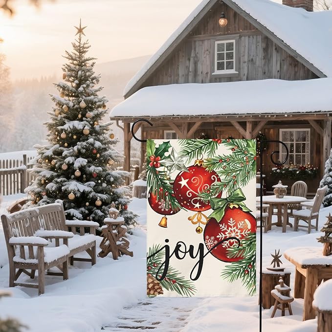 Christmas Garden Flag 12x18 Inch Green Leaves Red Xmas Ball Joy Holiday Winter Decorative Yard Flags for Outside Double Sided Seasonal Outdoor Home Farmhouse Decoration Porch New Year Decor