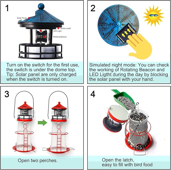 Solar Lighthouse Bird Feeder with Rotating Beacon - 14" Hanging Best Birdfeeder Gifts for Bird Lovers(Apple Red).