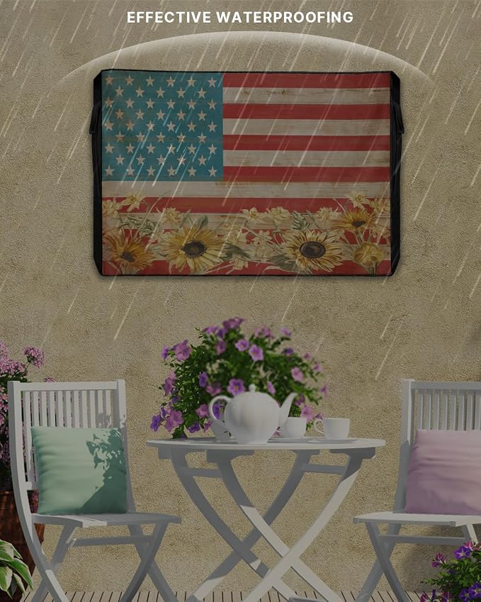 American Flag Outdoor TV Cover 48 to 50 Inch Weatherproof, Sunflowers Farmhouse 600D Oxford TV Covers with Waterproof Zipper, USA Flag Outside Flat TV Screen Protector Size 48"W x 30"H x 4.5"D