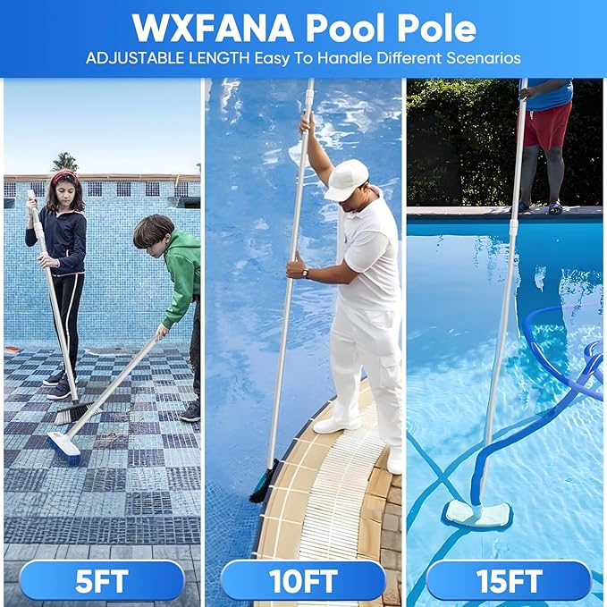 15FT Telescopic Pool Pole, Pool Skimmer Pole Heavy Duty, Adjustable 3 Piece Expandable Step-Up, Universal Pole for Skimmer Nets, Rakes, Brushes, Vacuum Heads Cleaning.