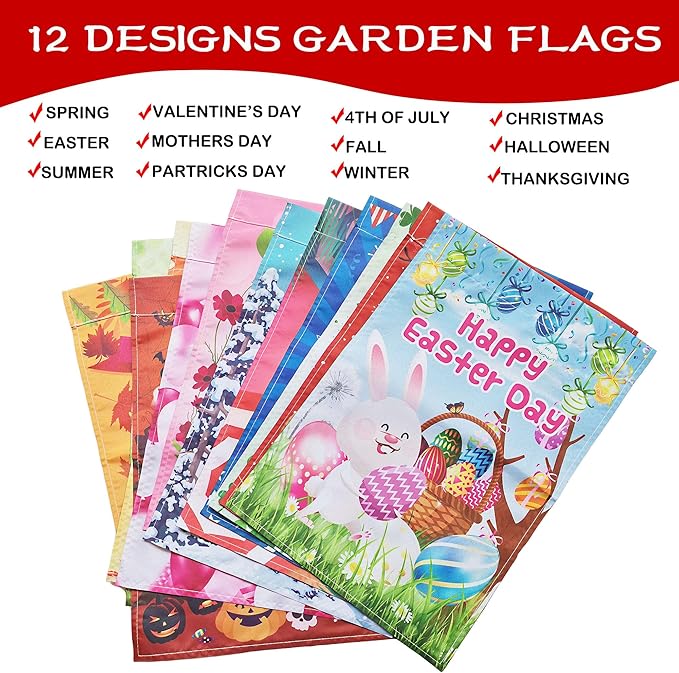 Seasonal Garden Flags Set of 12, Holiday Garden Flag 12x18 Inch Double Sided for Valentine's Day Easter Christmas Halloween Outdoor Decor, All Seasons Holiday Decorations