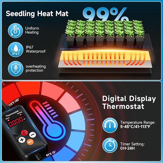 Hon&Guan 2 Pack Seed Starting Kit - 30 Cell Seed Starter Tray with Higher 5.3” Humidity Dome, LED Growing Lights and 10"x20.75" Seedling Heat Mat, Adjustable Vents - Germination & Plant Propagation