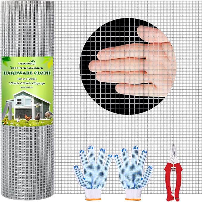 Thinkahead Hardware Cloth 1/4 Inch 48 X 100 ft 23 Gauge, Chicken Coop Wire Fencing, Hot Dipped Galvanized Wire Mesh, Hardware Cloth for Chicken Coop, Rabbit Cages, Garden, Small Rodents Screen Fence