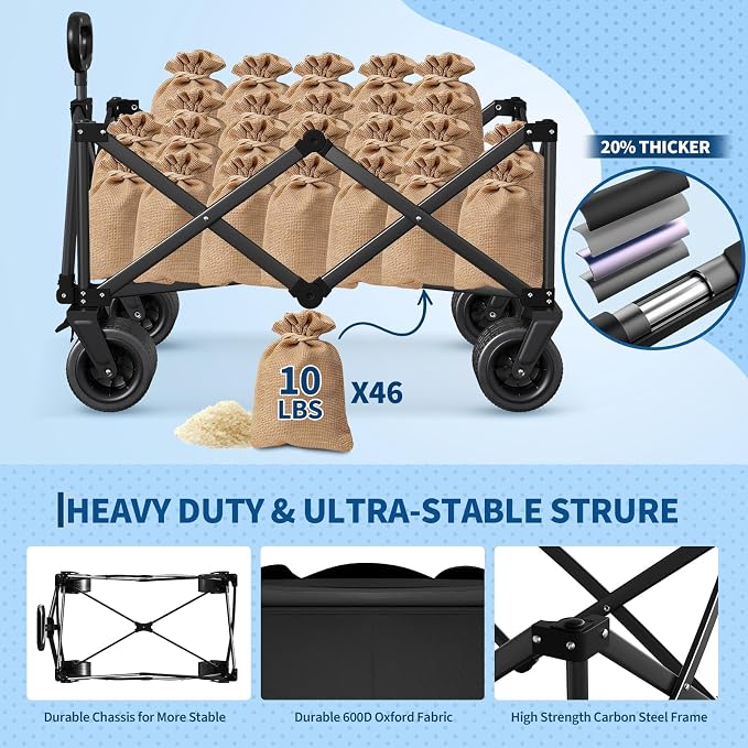 Wagon Carts Foldable, 460LBS Weight Capacity 280L Collapsible Wagon with All-Terrain Wheels, Drink Holders, Storage Cover&Elastic Rope, Utility Carts for Groceries, Shopping, Camping, Sports -Black