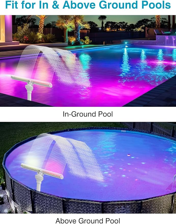Solar Pool Fountain with 15-Color LED Lights, Adjustable Water Pressure & Spray Angle, Pool Waterfall Sprinkler for Above Ground & Inground Pools, Ponds, Outdoor Decor