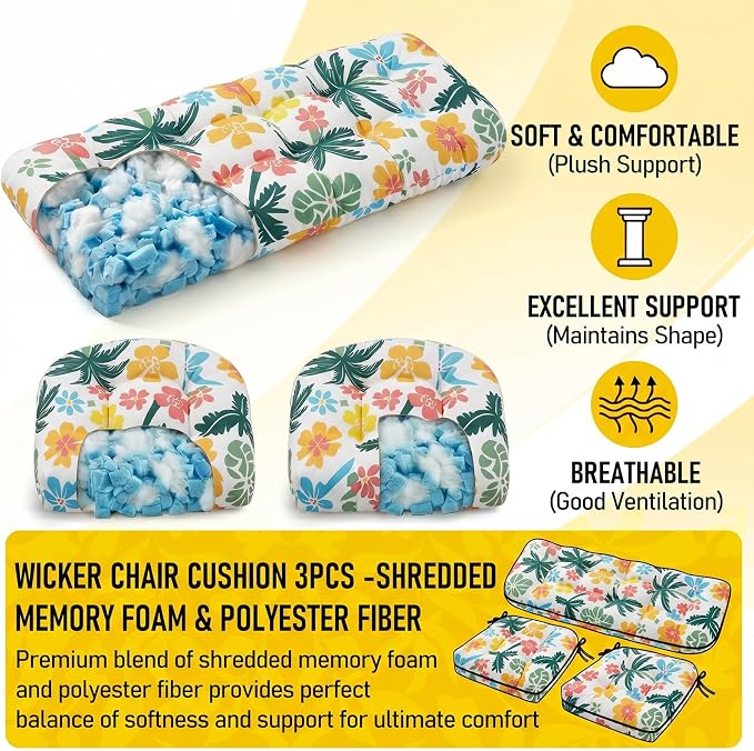 1 MIDDLE ONE Wicker Chair Cushions 3 Pieces Set for Outdoor Furniture, Replacement Patio Wicker Furniture Cushions, 1Pc Loveseat Cushion & 2Pcs Chair Cushions (Tropical Palm Floral)