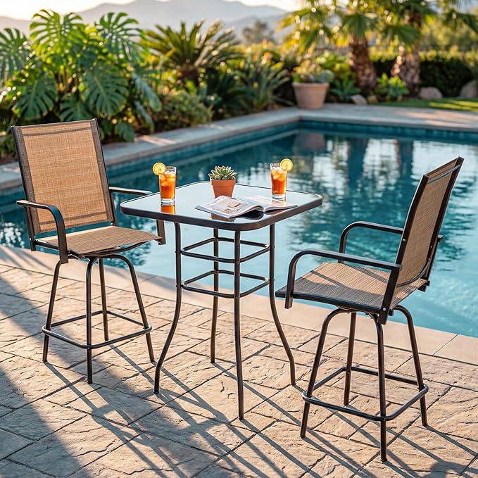 Greesum 3-Piece Patio Bar Set, High Top Table & 2 Swivel Bar Stools with Textilene Fabric, Outdoor Bistro Furniture for Balcony, Backyard, Poolside (Brown)