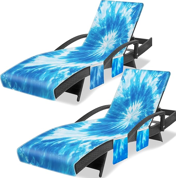 Lounge Chair Towel Cover (Pack of 2), Tie Dye Style Chaise Lounge Cover, Beach Chair Covers with Pockets for Pool Beach Garden Courtyard Outdoor Trips, 85 x30 in, Lake Blue