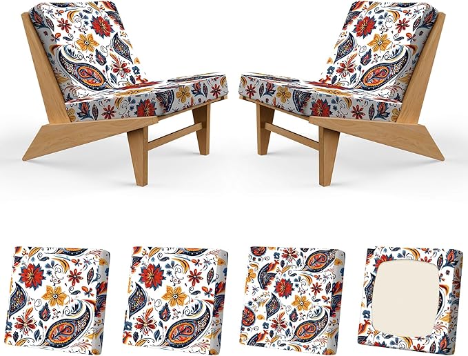 4Pcs Patio Stretch Cushion Covers, Outdoor Couch & Sofa Replacement Slipcovers for Patio Furniture Cushion Covers, Washable Reusable Furniture Protector, Square Large, Art Paisley