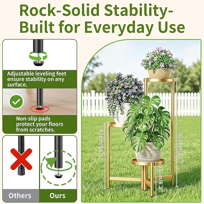 3 Tier Gold Plant Stand Indoor with 7.9 Inch Wide Tray, 3-Tiered Corner Metal Outdoor Flower Holder Stand, Folding Tall Rack for Display Shelf for Patio Porch Balcony - GoldDisk