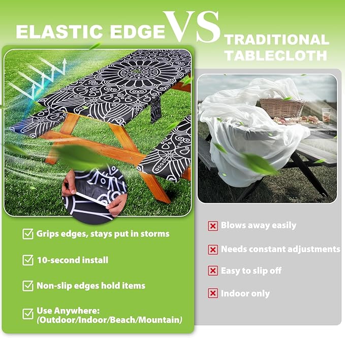 Fitted Picnic Table Cover with Bench Covers Vinyl Waterproof Elastic Edges Fitted Rectangle Tables Patio Tablecloth Camping Gear and Essentials Rv Accessories Road Trip Supplies Car Travel Must Haves