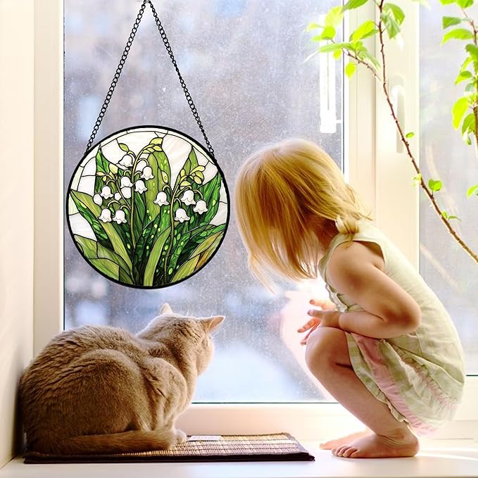 DASTOLL Stained Glass Window Hanging, Lily of the Valley Flower Sun Catchers Colorful Glass Panel Green Plants Suncatcher Decor for Birthday for Women,Men,Wife, Lovers, and Mom 11.8 in