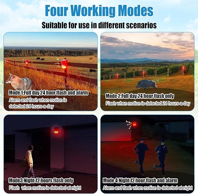 Qualirey Solar Sound and Light Alarm Motion Sensor 129db Outdoor Security Siren Waterproof Activated Detector Driveway Alarm 6 LEDs Flash Warning Deterrent Strobe System for Home, Farm(Red,8 Pack)