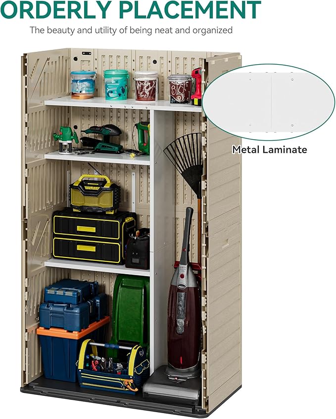 YITAHOME 60 cuft Vertical Outdoor Storage Shed with Shelf, Large Waterproof Storage Cabinet for Garden Shed, Tall Outdoor Storage Shed for Garage, Pool Storage, Resin, Lockable, Khaki & Brown