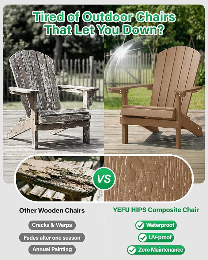 YEFU Adirondack Chairs Set of 6: Outdoor Chair HIPS Plastic Adirondack Chairs - Patio Chairs with Wood Texture - Lawn Fire Pit Deck Porch Garden Chairs for Adults (Teak)