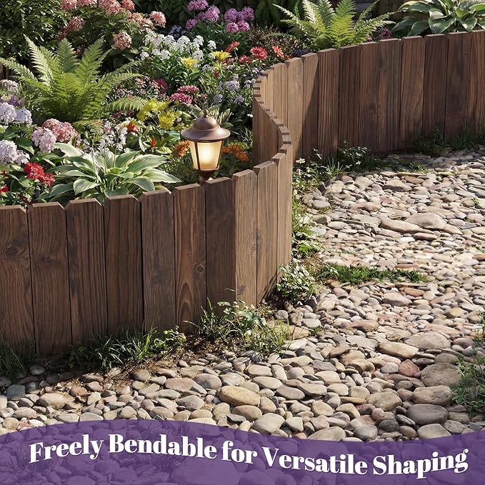 Garden Wooden Fence Edging, Burnt Wood Finish, Fir Wood,Outdoor Lawn Landscape Border (1, 7.87" Height)