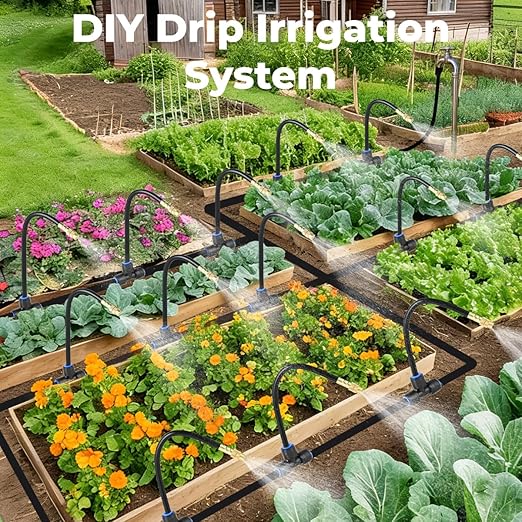 230FT Drip Irrigation System for Garden: 40 Nozzles 1/4" PE Tubing Automatic Watering Kit Adjustable Misting Sprinkler Mister Hose for Water Plants Tape Raised Beds Lawn Outdoor Yard Greenhouse