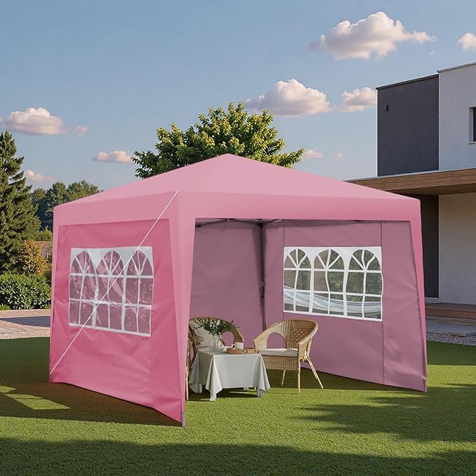 10x10FT Canopy Tent, Outdoor Gazebo Pop up Canopy with 4 Removable Sidewalls & 2 Windows, Patio Camping Shade Canopy with 4 PCS Weight Sand Bag & Carry Bag, Ideal for Parties Events, Pink