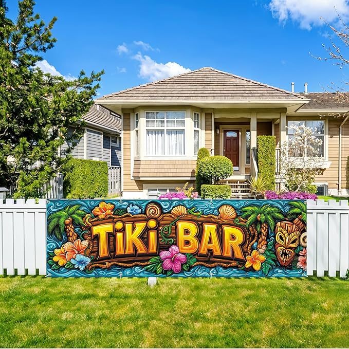 10x3 ft Extra Large Summer Tiki Bar Banner Outdoor 115''x35'' Summer Tropical Banner for Fence Outside Garden Large Flower Banners Yard