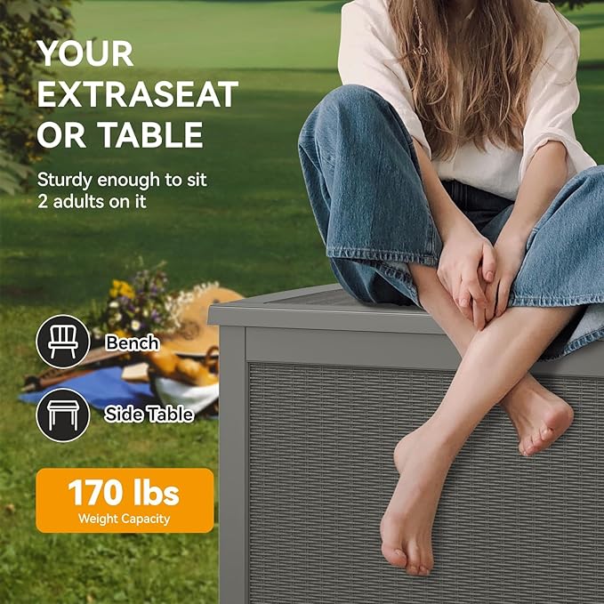 KAMABOKO 300 Gallon Outdoor Storage Box, Resin Deck Boxes Indoor and outdoor, Waterproof Storage Box Lockable Lid for Garden Tools, Package Delivery, Patio Cushions, Grey