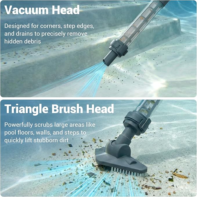 Cordless Spa Hot Tub Vacuum - Handheld Pool Vacuum for Above Ground Pool, Lightweight Stick Pool Cleaner with 2 Brush Heads, Ideal for Cleaning Debris and Sand (Blue)