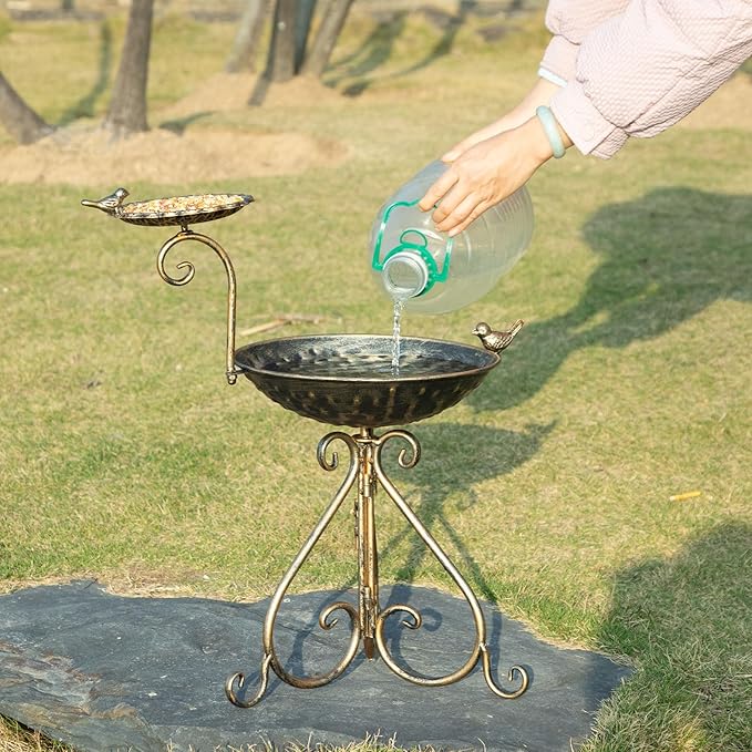 Bird Baths for Outdoors, Free-Standing Bird Bath and Bird Feeder 2-in-1 Design, Metal Bird Bath Stand and Bird Feeder Seed Tray for Garden Yard Decor