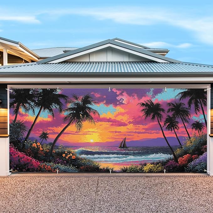 7 * 16FT Summer Sunset Garage Door Cover Decorations Sunset Palm Trees Garage Door Banner for Outdoor Indoor Summer Party Photography Backdrop