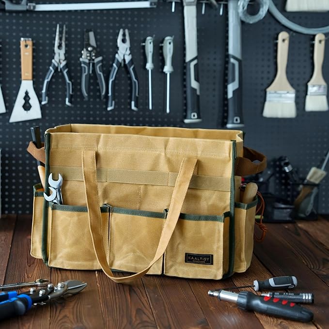 Canvas Tool Bag, 16OZ Waxed Canvas Tool Tote Bag with Metal Zipper & 12-Pocket Design, Multi-Purpose Garden Tool Storage Tote for Electrician Gardener Plumber | Khaki | 14.5"L x 7.5"W x 10"H