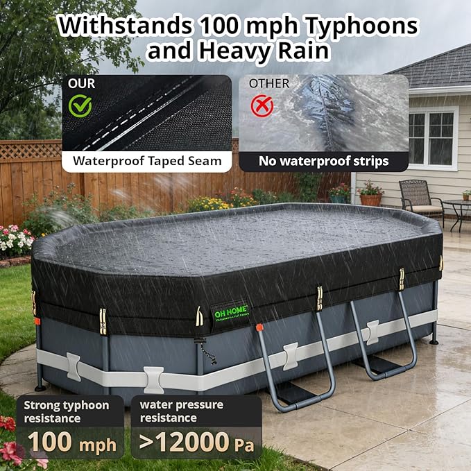 QH.HOME 550D 12x24 Ft Oval Pool Cover [Upgraded Tear Resistant & Quadruple Windpoof] wth Pre-Installed Patented Winch and Rope,Pool Covers for Above Ground Pools Oval-Snug Fit & Waterproof Protection