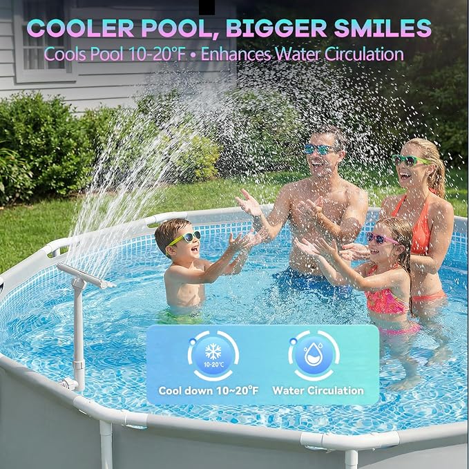 Solar Pool Fountain for Above Ground and Inground Pools with 9-Color Auto-Sensing Lights, High-Pressure Dual Spray Waterfall and 360° Adjustable Sprinkler Cools by 10-20°F for Relaxation
