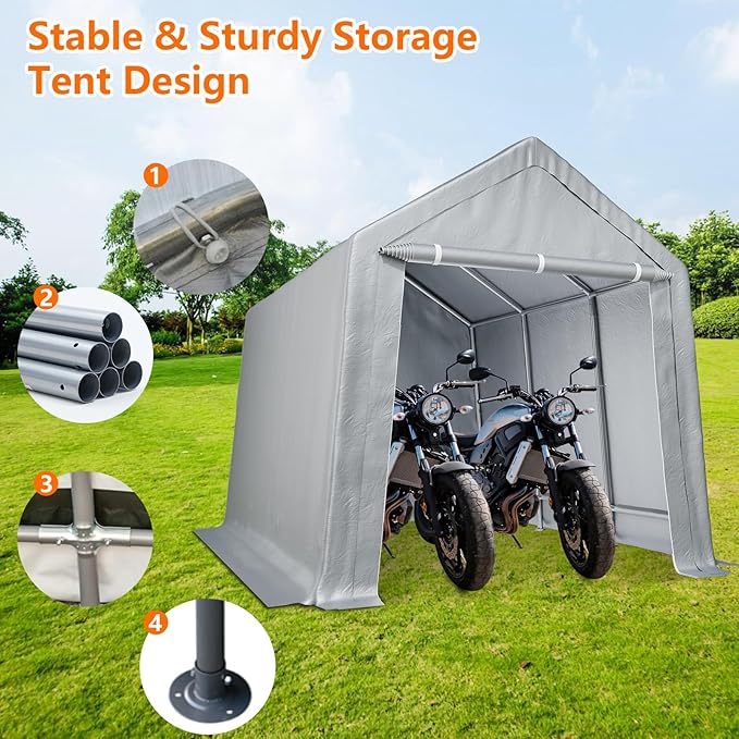 8 x 14 FT Storage Shed Canopy, Heavy Duty Outdoor Storage Tent with Roll-up Ventilated Zipper Door, Portable Garage Shed Waterproof for Bike, Motorcycle Shelter, Garden Storage, Grey