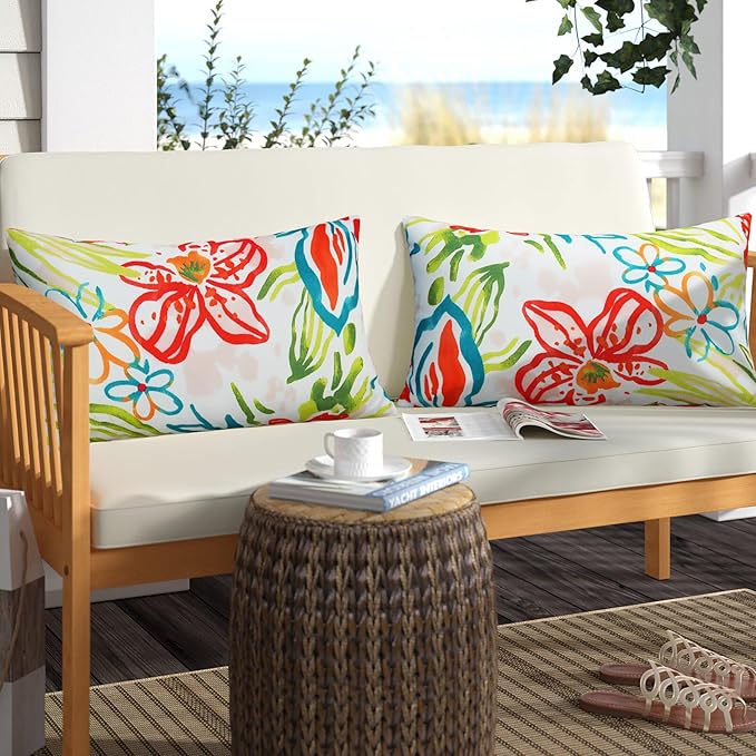 Merrycolor Set of 2 Outdoor Throw Pillow Covers 12x20 Inch Colorful Decorative Waterproof Outdoor Lumbar Pillows for Patio Furniture Tent Balcony Couch Sofa