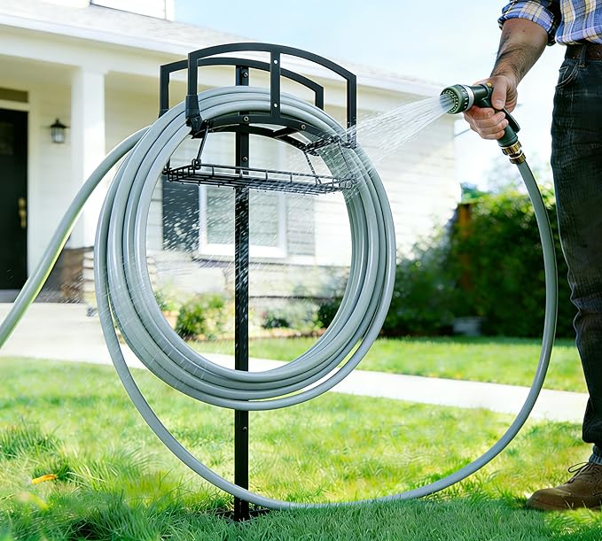 Garden Hose Holder with Storage Basket - Heavy-Duty Freestanding Hose Organizer, Black Powder-Coated, Detachable Design Holds 150FT Hose, Includes Assembly Tools for Lawn, Yard, and Garden