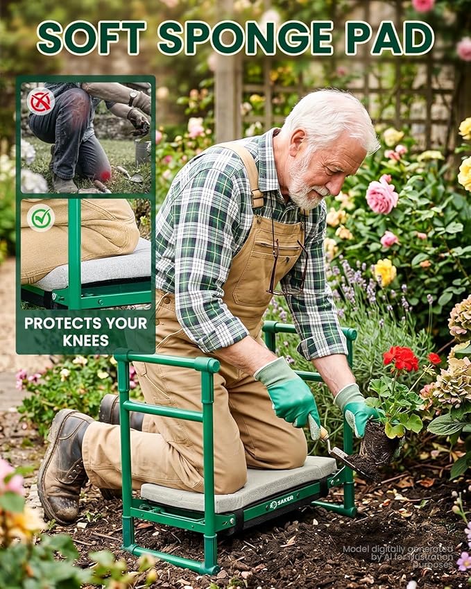 Saker 2026 Upgraded Garden Kneeler and Seat - Gardening Bench Gardening Stool with 500LB Heavy Duty Round-Tube Frame, Soft Kneeling Pad Foldable Support for Elderly, Gardening (Basic Version)