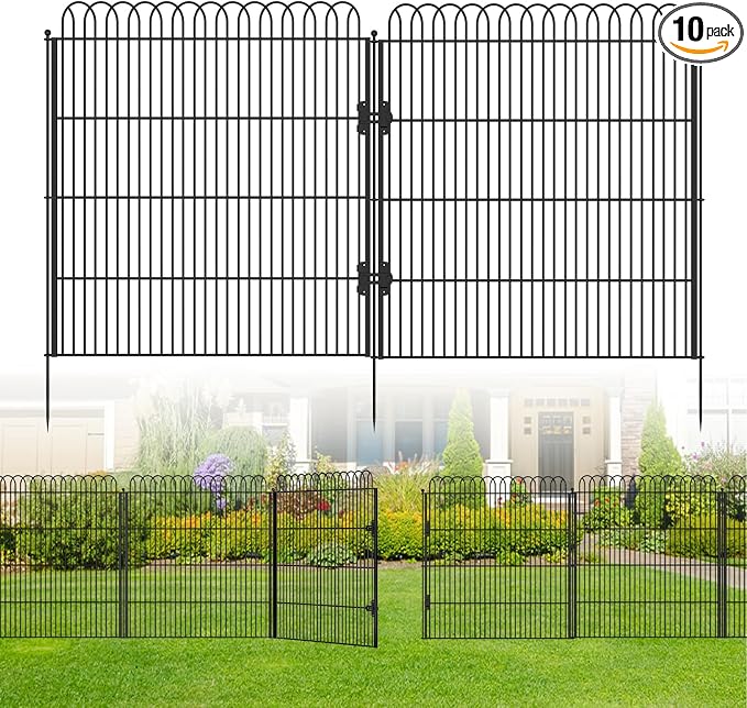 10 Panels No Dig Tall Decorative Garden Fence with Double Lock, 40 in(H) X 24 ft(L) Animal Barrier Fencing Outdoor for Yard,Rustproof Metal Garden Edging and Borders, Temporary Ground Stakes