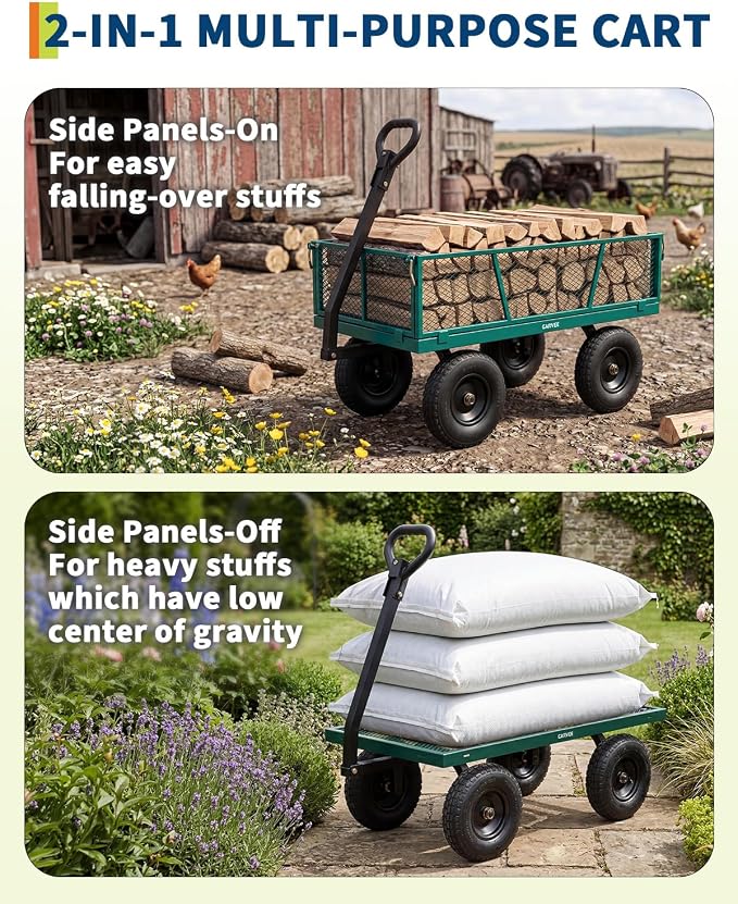 Garvee Versatile Outdoor Utility Cart-1200LBS Heavy-Duty, 13" All-Terrain Pneumatic Tires, Vehicle-Connectable, Easy Maneuverable Lawn Cart with Removable Mesh Panels for Gardening & Landscaping,Green